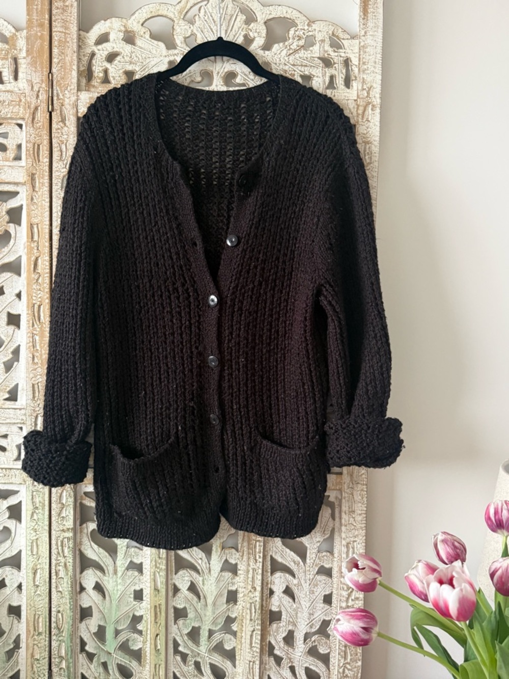 VINTAGE Black Chunky Knit Women's Cardigan Sweater